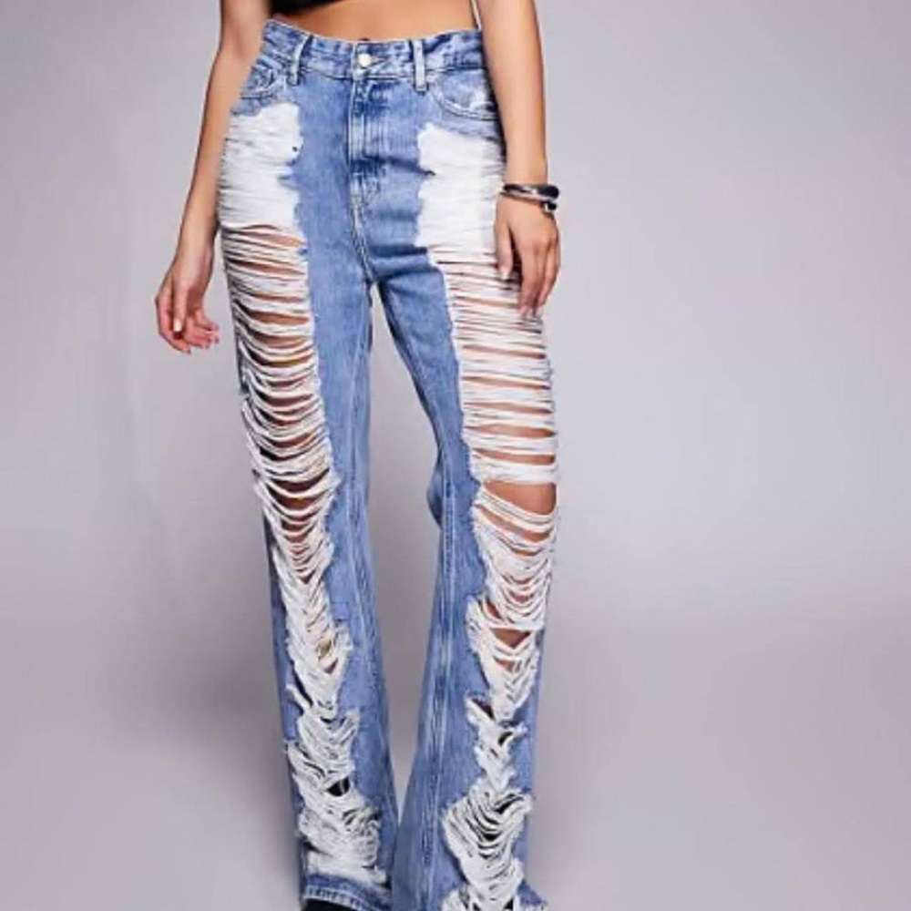 Good American Blue and White Distressed Flare Jeans